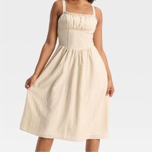 🌼 Wild Fable Milkmaid Seersucker Midi Dress, Cream and Tan Gingham